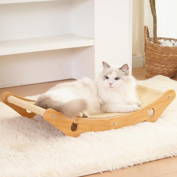 Cat Scratcher Hammock Bed, U-Shaped Wood Sisal Lounger, Furniture Protector | pingping-go, 23.6 x 13.8 Inch, Wood Frame, Natural Sisal, Indoor & Outdoor, for Large Cats