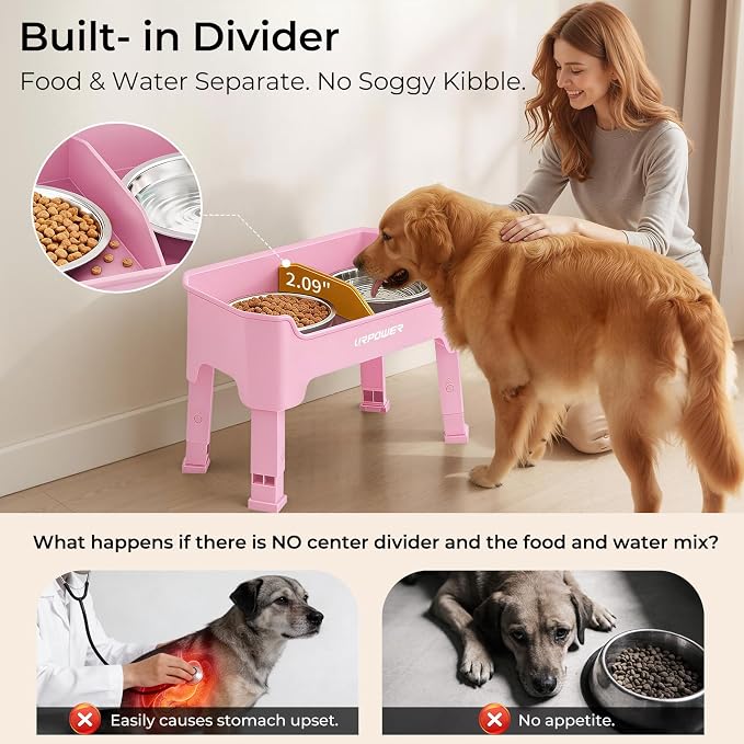 URPOWER Mess Proof Elevated Dog Bowls, Splash Guard Raised Bowl Stand | 4 Adjustable Heights, 2 Stainless Steel Bowls, Food & Water Separation, Foldable Design Non-Slip for Small Medium Large Dogs