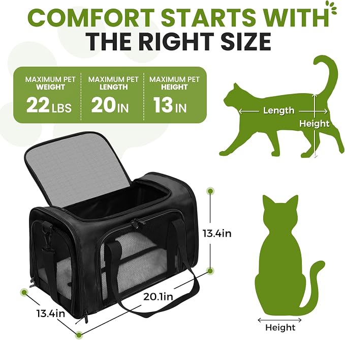 Soft-Sided Cat Carrier Expandable Pet Carrier Airline Approved Mesh Travel Carrier Up to 22lbs for Cats Small Dogs Collapsible Escape-Proof with Shoulder Strap Washable (20x13x13 Black)