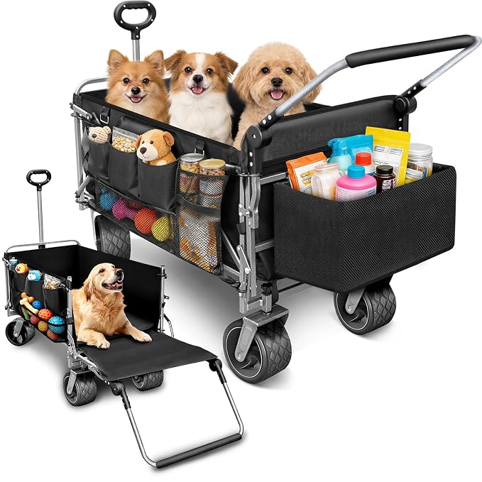 Folding Large Dog Wagon Cart for Senior, Injured & Arthritic Dogs | Heavy Duty Utility Large Dog Stroller Cart Up to 220LBS, All-Terrain, Tailgate, Adjustable Handle, Thick Mat, Storage Baskets