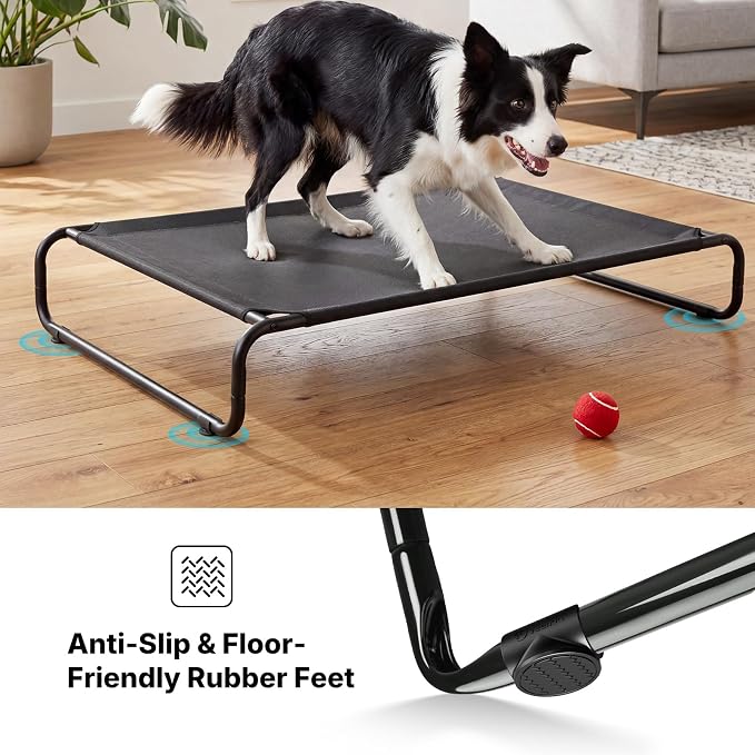 Veehoo Cooling Elevated Dog Bed, Outdoor Raised Dog Bed for Large Dogs | Dog Cot with Thickened Frame, Durable Teslin Mesh & Anti-Slip Rubber Feet, Pet Hammock for Indoor or Camping, 53", Black