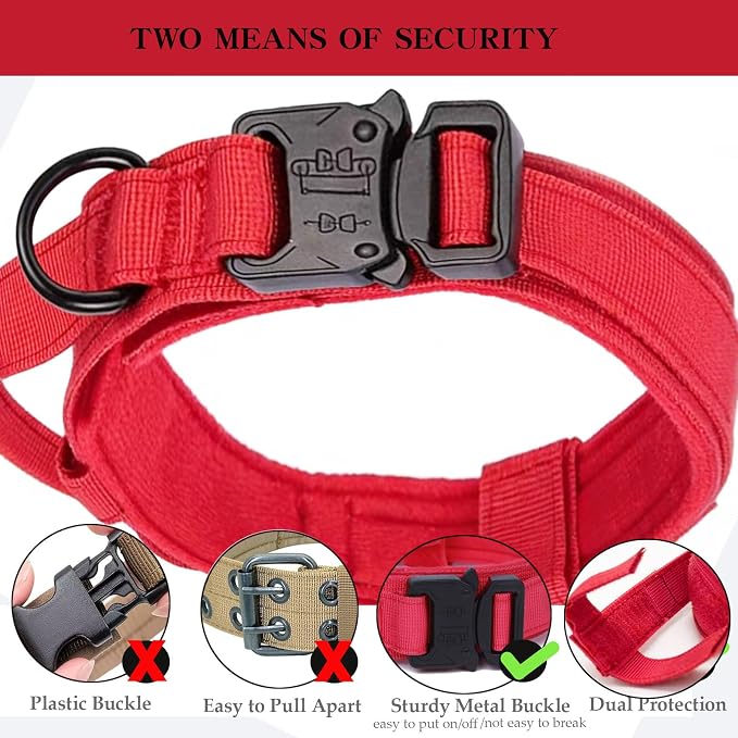 Tactical Dog Collar for Large Dogs with Control Handle,Red,XXL | 1000D Heavy-Duty Nylon Fabric,Quick-Release Metal Buckle,Adjustable Fit,Soft-Padded Webbing,D-Ring,for Training & Hiking