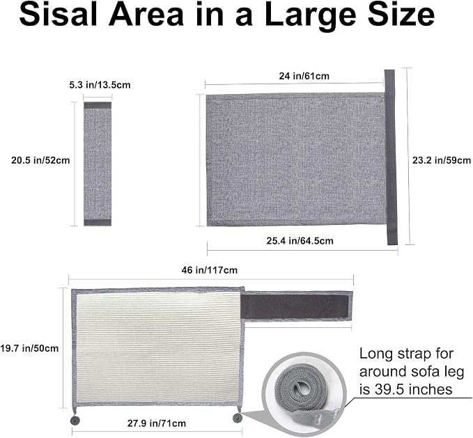 Upgraded Cat Scratch Furniture Protector,Cat Scratch Sofa Arm Sheild with Large Size Natural Sisal for Protecting Couch Sofa Chair Furniture 27.6''L*19.6''W (Light Grey/Right Handed)