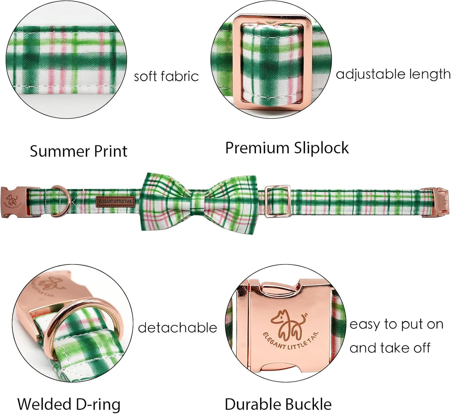Elegant little tail Dog Collar with Bow - Pink with Green Plaid Boy or Girl Dog Collar Cute Bowtie Pet Collar Adjustable Dog Collar for Large Dogs