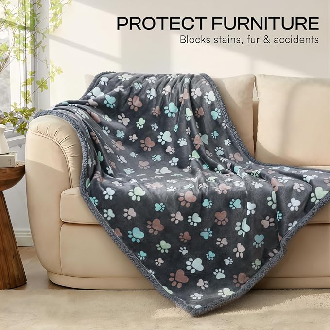 Luciphia Waterproof Pet Blankets for Couch Sofa Bed Cover Liquid Pee Proof Washable Soft Fluffy Large Dog Blanket Reversible Furniture Protection Grey Paw Thicken X-Large（85" x 57"）
