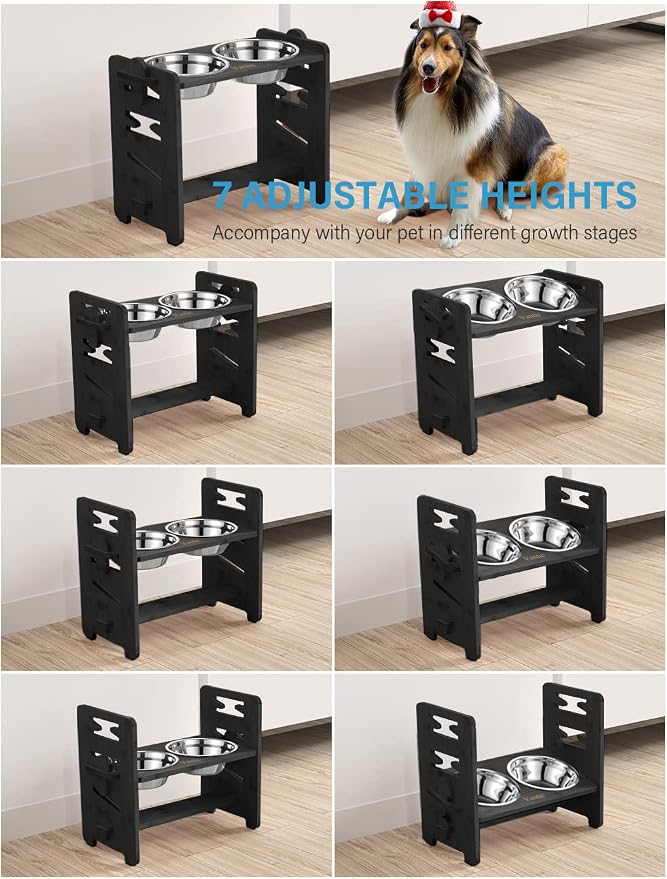 Elevated Dog Bowls, Raised Dog Bowl Stand Adjustable Medium, Black | Bamboo Elevated Feeder with 2 Stainless Steel Bowls, Adjustable Height Stand for Medium Dogs