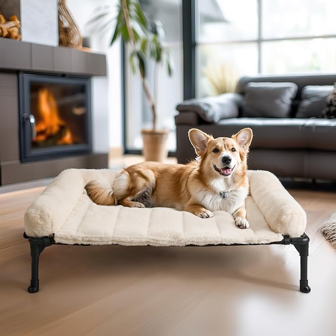 Veehoo Elevated Dog Beds Medium Sized Dog with Fluffy Plush Bolster Cushion | Orthopedic Raised Dog Beds for Indoor Outdoor, Soft Pet Sofa Cot with Removable Washable Mat, No-Slip Feet, 32" x 25", White