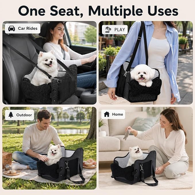 Dog Car Seat for Small Dogs，Center Console Pet Booster Car Seat | Pet Car Seat (Up to 15 lbs), Adjustable Straps, Storage Pocket, Anti-Collapse, Washable Reversible Seat Cushion Black