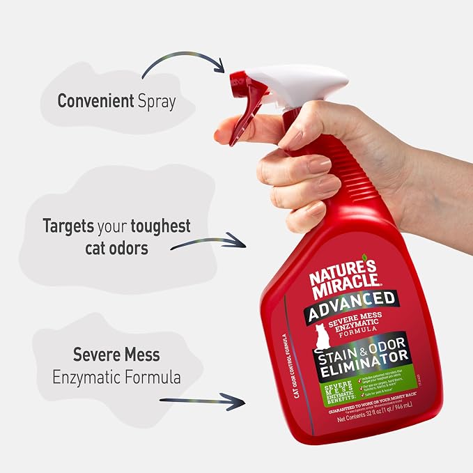 Nature's Miracle Advanced Cat Stain and Odor Eliminator Spray, Severe Mess Enzymatic Formula For Tough Pet Messes, 32 oz