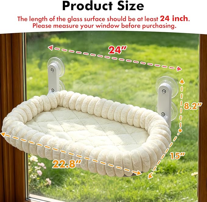 AMOSIJOY Cordless Cat Window Perch, Window Hammock for Cats with 4 Strong Suction Cups, Solid Metal Frame and Cushion Bed Cover, Indoor Cat Bed (L,Stripe)