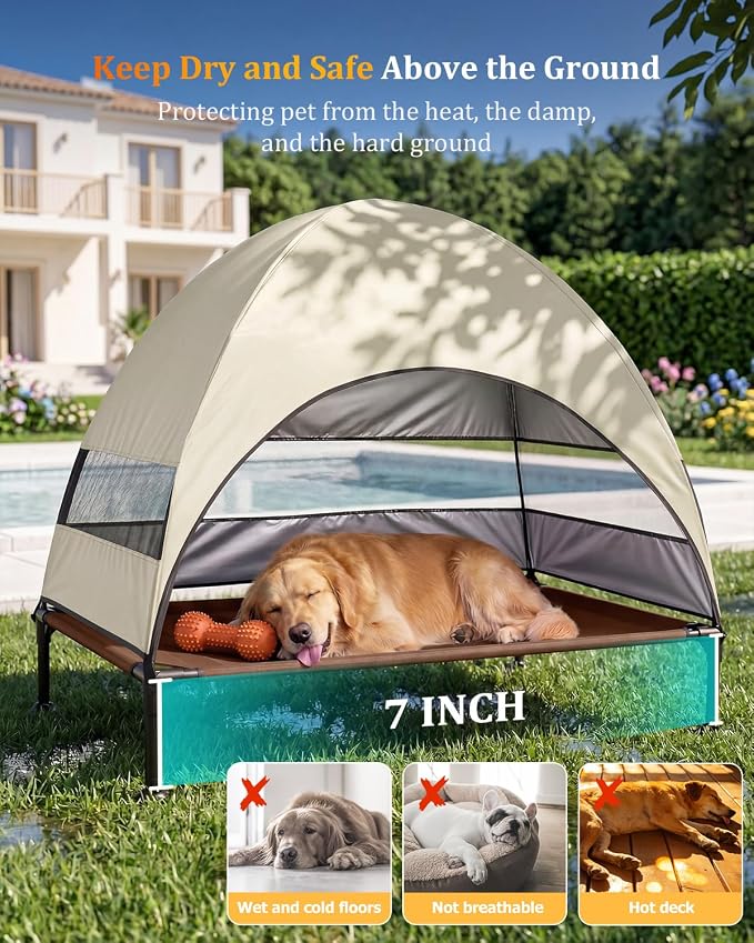 Elevated Outdoor Dog Bed with Canopy, Raised Dog Cot with Stable Adjustable Feet, Dog Camping Bed with Larger Shade, Lifted Dog Tent Bed with Canopy for Outside (Beige, Large)