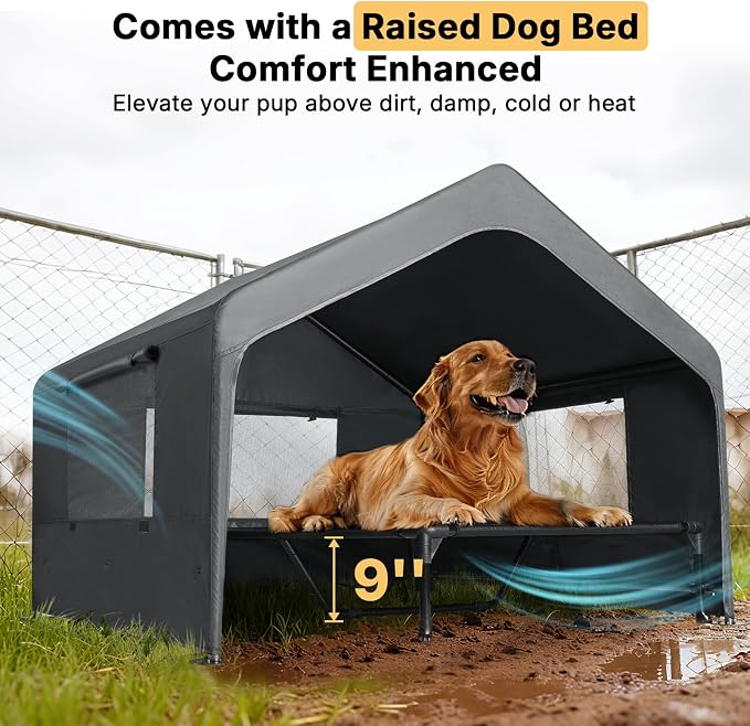 Veehoo Extra Large Dog House Outdoor Includes Elevated Dog Bed-Weatherproof | Waterproof Outside Dog Tent 4.1' x 4.1' x 3.3', Dog Shade Shelter and Raised Bed Combo for Pets or Stray Animals, Grey