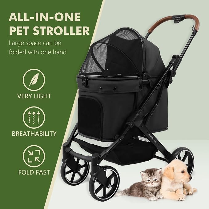 Pet Stroller for Small Medium Dogs Cats, Dog Stroller 4-Wheel Pet Strollers for Medium Dogs Up to 45lbs, Storage Basket, Sun Shades & Waterproof Fabric, Black