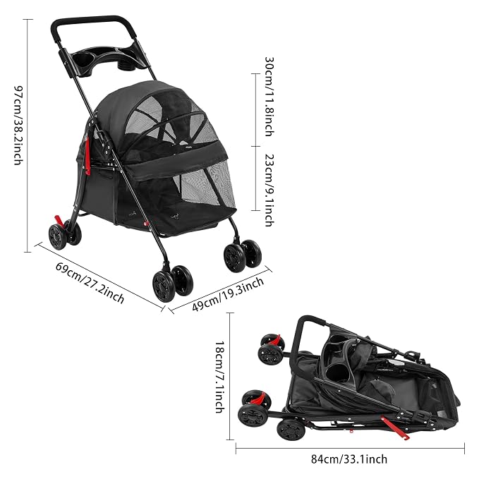 Pet Stroller for Small Medium Dogs Cats, Lightweight Foldable Pet Wagon with 360° Front Wheels & Brake, 40 lbs Capacity Carrier for Park Travel Shopping, Breathable Mesh Basket (Black)