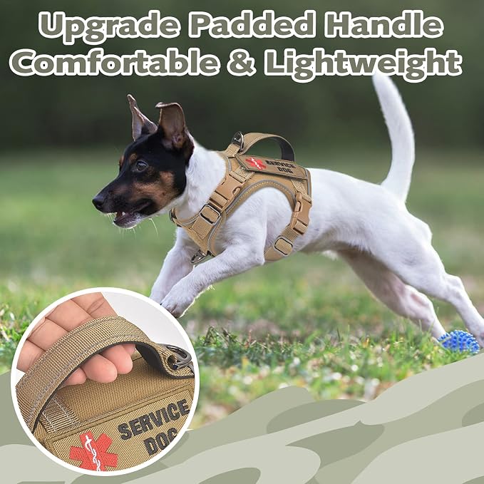 Tactical Dog Harness for Small Dogs, Adjustable No Pull Military Vest with Padded Vertical Handle, Reflective MOLLE Panels and 2 Patches, Khaki, XS