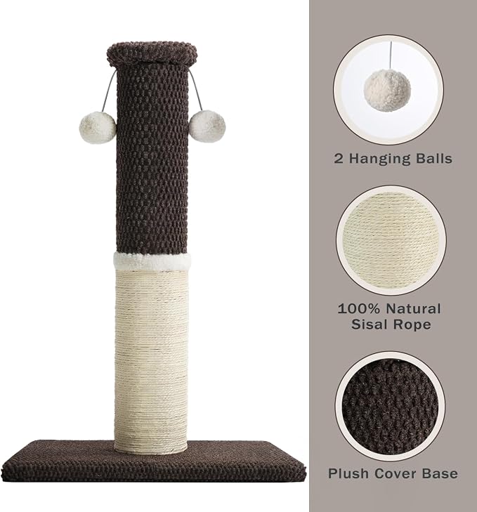Made4Pets Tall Cat Scratching Post with Sisal & Carpet for Indoor Cats, 33" | Cat Scratcher with Wide Stable Base, Interactive Hanging Toys, Ideal for Adult Cats, Large Breeds and Full-Body Stretching