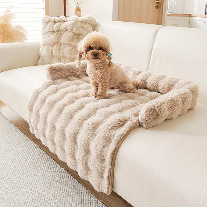 Calming Dog Bed for Couch, 29.5 x 29.5 inch, Non-Slip Rabbit-Velvet Dog Sofa Mat for Furniture Protector, Perfect for Small, Medium Dogs and Cats (Khaki, Medium)