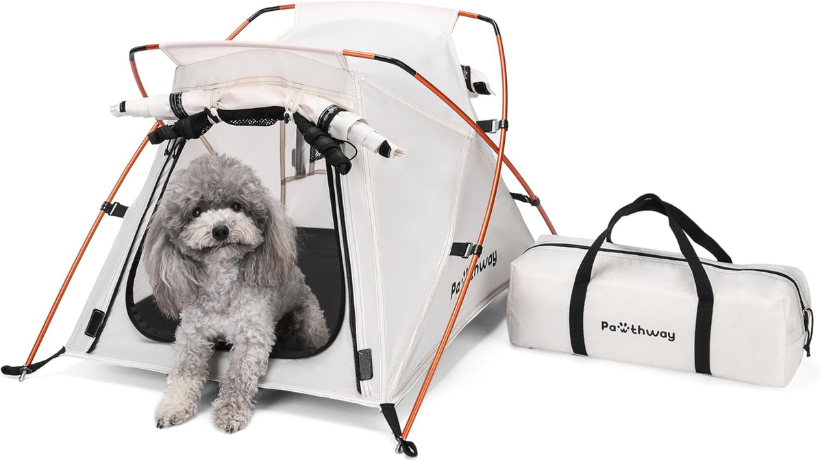 Dog Tent Cat Tent with Aluminum Poles and Camping Mat, Outdoor Waterproof Pet Tent with Zippered Mesh Door, Dog House, Cat House, Pet Playpen, Portable and Collapsible (White, Small)