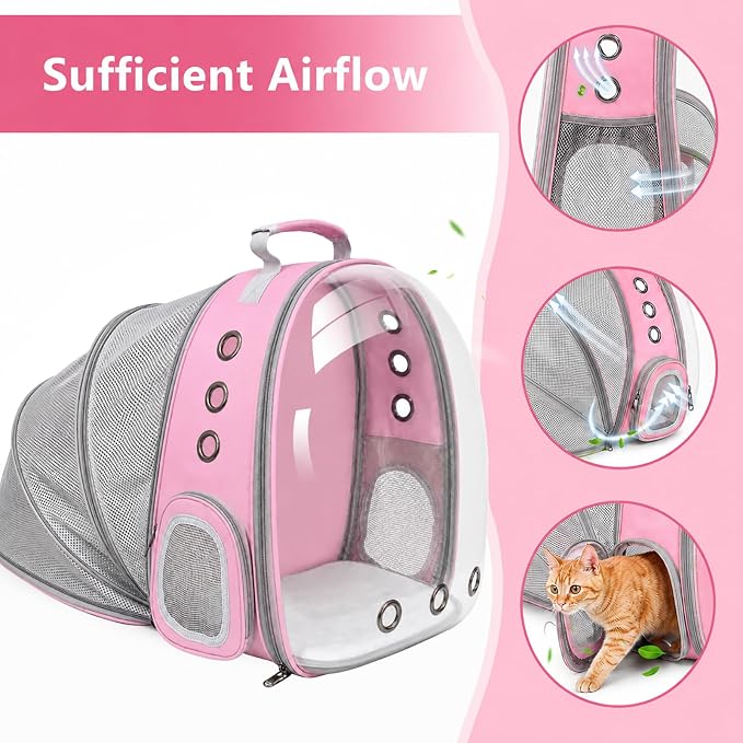 Expandable Cat Carrier Backpack for Cats & Dogs, Bubble Window Pet Travel Backpack with Breathable Mesh, Anti-Collapse Structure, Side Door, Safety Leash, for Vet Visits, Hiking, Outdoor, Pink