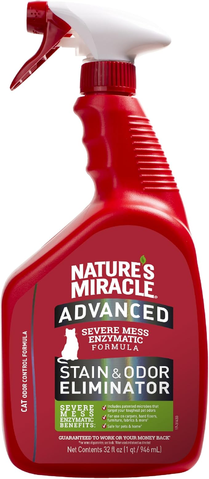Nature's Miracle Advanced Cat Stain and Odor Eliminator Spray, Severe Mess Enzymatic Formula For Tough Pet Messes, 32 oz