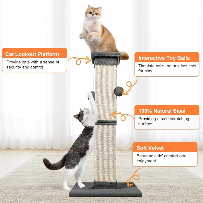 Cat Scratching Post 33 Inch Nature Sisal Scratch Post for Indoor Cats, Large Cat Scratcher Protect Your Furniture, for All Breeds Grey