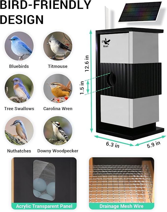 Kicari Bird House with Camera 2K HD, Solar & Battery Powered, Dual Night Vision, PIR Motion Sensor, Two-Way Audio, WiFi App Control, Weatherproof Wooden Smart Bluebird Nest Box for Outdoor Use, Gray