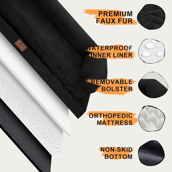 Orthopedic XL Dog Bed with Bolster for Extra Large Size Dogs | Pillow Support for Neck Relief, Egg Crate Foam, Skin-Friendly Surface, Waterproof Liner, Anti-Slip Bottom, 42 x 30 Inch