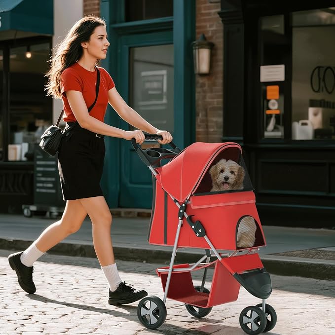 Pet Stroller for Small Dogs 10 lbs, Dog Stroller for Medium Dogs 30 lbs, Cat Strollers for 2 Cats, 3 Wheels Foldable Jogger Puppy Stroller with Storage Basket and Cup Holder, Red