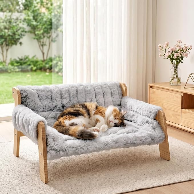 homegroove Elevated Cat Couch Bed, Wood Cat Sofa for Indoor Cats, Gray | 27"L x 18"W x 11.8"H, solid wood cat bed with removable washable cushion, available in white and gray, for cats & small dogs