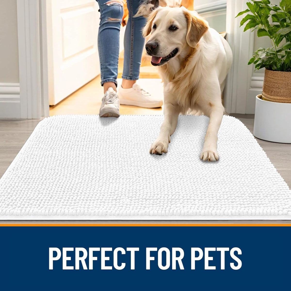 OLANLY Dog Door Mat for Muddy Paws 59x35, Absorbs Moisture and Dirt, Absorbent Non-Slip Washable Doormat, Quick Dry Chenille Mud Mat for Dogs, Entry Indoor Entryway Carpet for Inside Floor, White