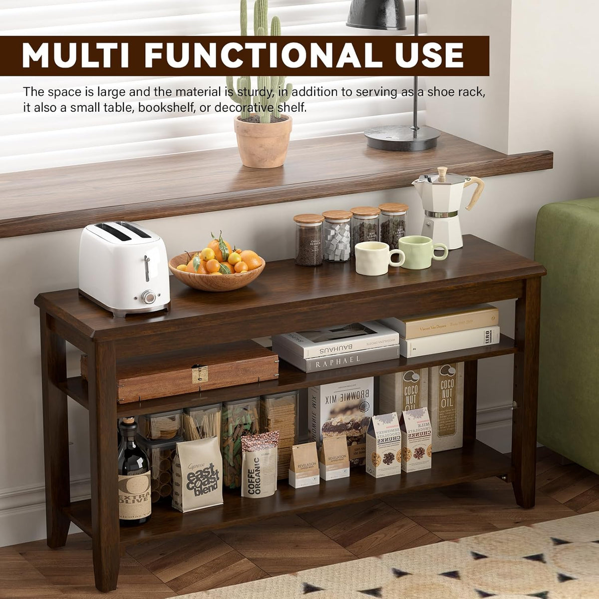 Shoe Bench Storage Rubberwood, Entryway Bench with 3-Tiers Height Adjustable, Shoe Rack Front Door Entrance Organizer for Hallway Living Room, Mudrooms, Walnut,31.5"