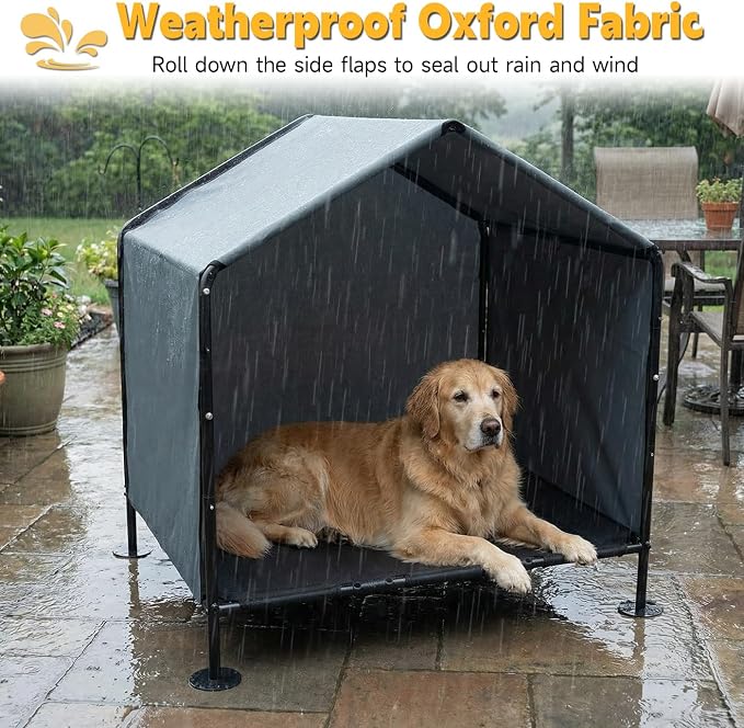 Large Dog House with Elevated Dog Bed, Waterproof Dog Shade with Back Cover | Portable Outdoor Dog Tent for Medium/Large Dogs, Sun & Rain Protection Canopy for Camping/Patio/Yard, Ground Stakes Included