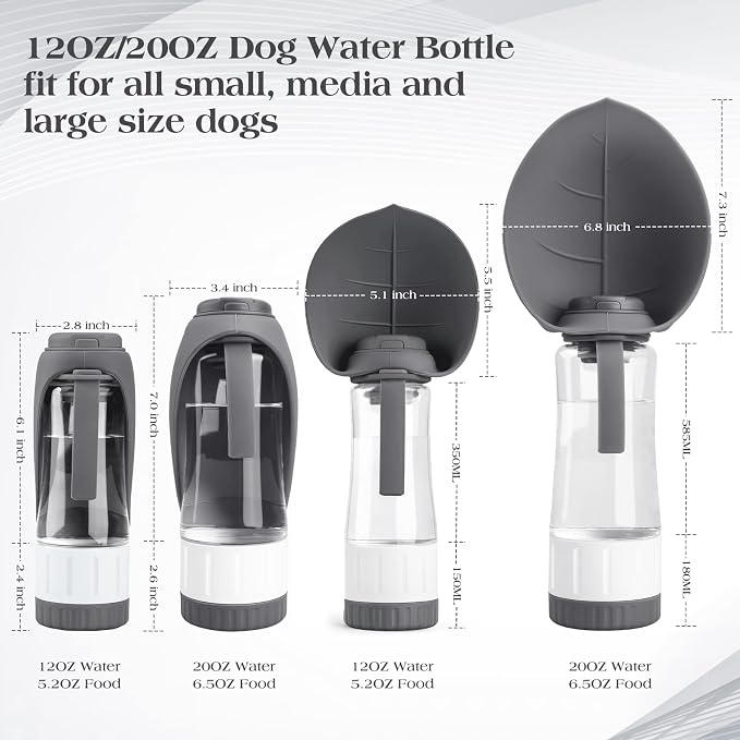 TIOVERY Upgraded Dog Water Bottle, Portable Dog Cat Puppy Pet Water Dispenser Feeder with Drinking Cup and Food Container Leak Proof for Outdoor Walking, Travel, Hiking 12OZ Grey