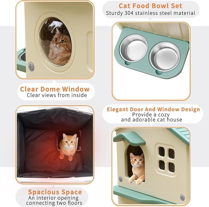 Outdoor Cat House with Liner, 100% Insulated Cat Houses for Winter Outside | 2 Story Waterproof Cat House for Outdoor Cats, Sturdy Cat Bowls & Scratch Pads, Clean Easily