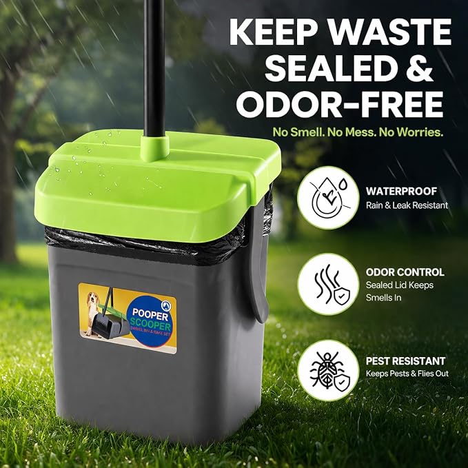 Pooper Scooper Swivel Bin & Rake Kit with 35 Bags – 46" Long Handle Heavy Duty Dog Poop Scooper with Bag Attachment, Yard Pet Waste Cleanup Tool for Large Medium Small Dogs