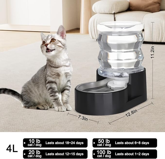 RIZZARI 4L Gravity Cat Water Dispenser: Filtered Hydration for Indoor Cats | Activated Carbon Filter / Stainless Steel Bowl / Apartment Friendly / Bedroom & Kitchen Use / Easy Cleaning/Helps Reduce Odor