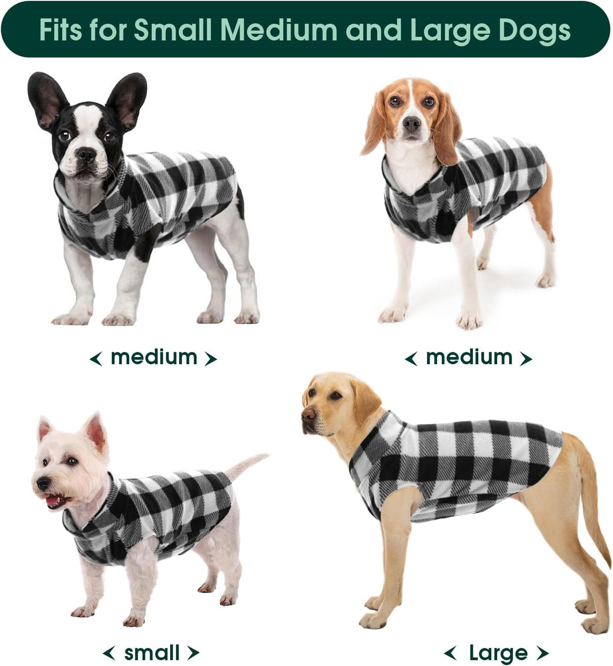 Kuoser Dog Fleece Vest,Warm Plaid Dog Sweater with Leash Hole,Soft Turtleneck Winter Pet Jacket Dogs Coat Pullover Clothes for Small Medium Dogs Cats,Spring Fall Cold Weather Christmas Outfit,Black L