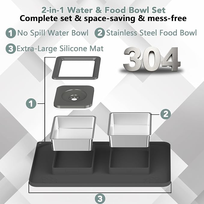 Dog Bowl Set, No Spill Dog Water and Food Bowl with Silicone Mat | Large Capacity 304 Stainless Steel Bowls, 2-In-1 Set, Slow Drinking, Anti-Slip Silicone Feeding Mat, Home/Travel, 6-7 Cups