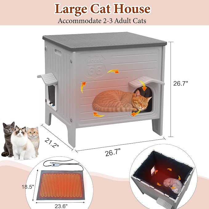Insulated Heated Cat House for Outside,Large Cat Shelter for Multiple Cats | Insulated Heated Cat House ,Large Plastic Weatherproof Cat Shelter for Multiple Outdoor Feral Cats