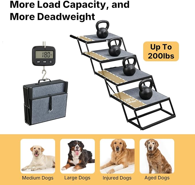 Veehoo Collapsible Dog Stairs for Large Dogs Car Truck SUV, Extra Wide 20" | 4 Steps Pet Ramp for Car Foldable Portable Dog Loader Ramps Ladder Folding Heavy Duty with Non Slip Surface, Up to 200lbs