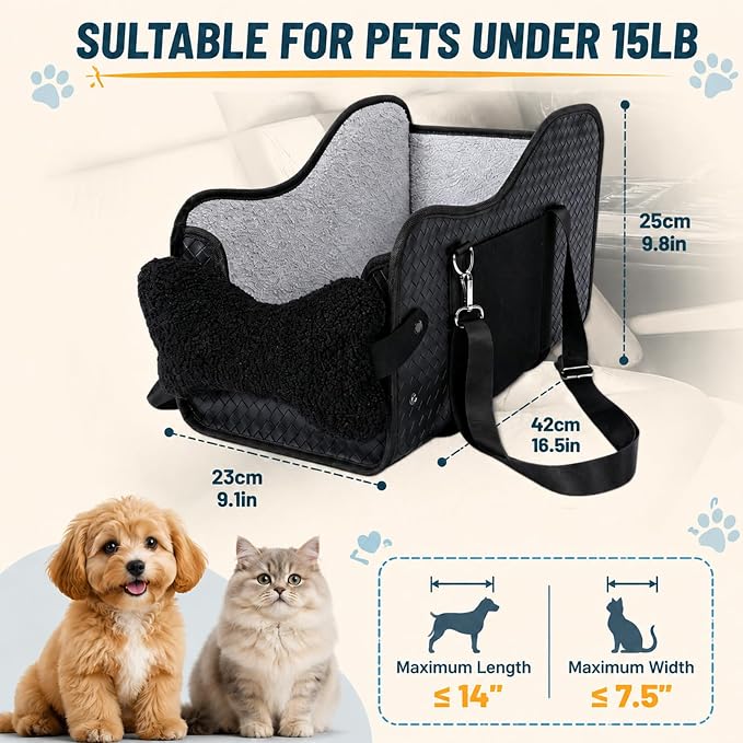 Dog Car Seat for Small Dogs，Center Console Pet Booster Car Seat | Pet Car Seat (Up to 15 lbs), Adjustable Straps, Storage Pocket, Anti-Collapse, Washable Reversible Seat Cushion Black