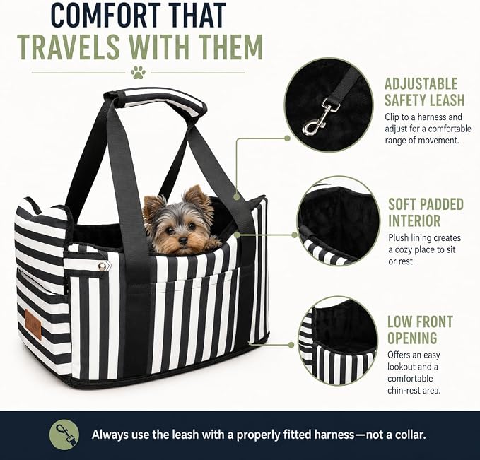Console Dog Car Seat for Small Dogs to 15lbs (Black& White Stripes) | Center Console Puppy Booster and Portable Travel Bed, Anti-Collapse Design with Washable Fluffy Cushion
