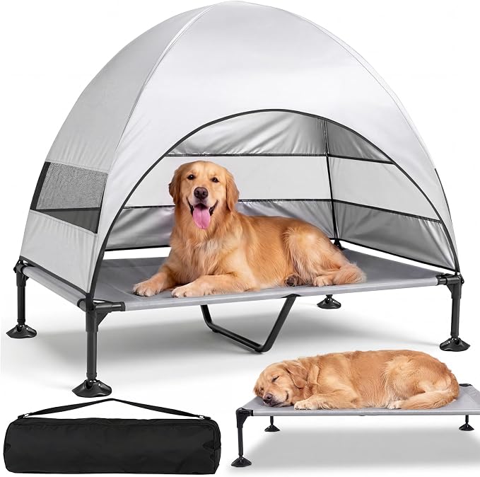 Elevated Outdoor Dog Bed with Canopy, Raised Dog Cot with Stable Adjustable Feet, Dog Camping Bed with Larger Shade, Lifted Dog Tent Bed with Canopy for Outside