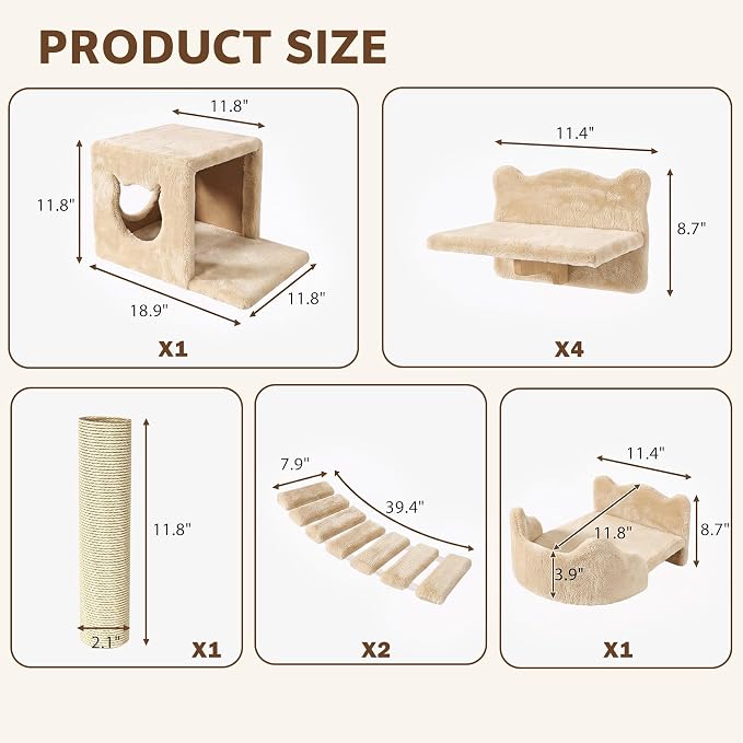 9-in-1 Cat Wall Shelves, Cat Wall Furniture Set with Bridge, Beige | Wall Mounted Cats Shelf for Space-Saving, Multi-Level Cat Climbing Systems for 16 Inch Drywall, with Scratching Posts, Condos