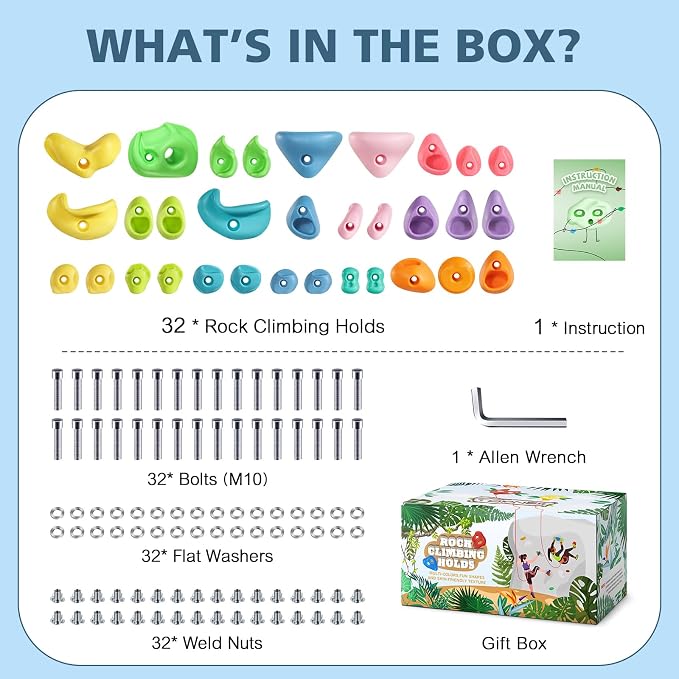 TOPNEW 32Pcs Rock Climbing Holds, Multi Size Climbing Wall Grips for Kids & Adults, Weather Resistant Bouldering Rocks with Hardware, Indoor Outdoor Playground DIY Rock Wall Holds, Ideal