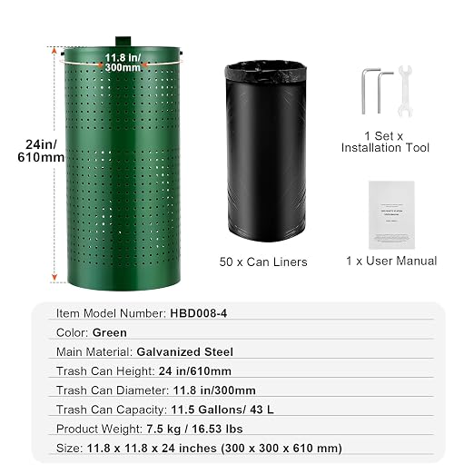 Happybuy Outdoor Dog Waste Bin with 50 Liner Bags, 11.5 Gallons, Lid & Liner Clip for Pet Waste Station, Dog Poop Trash Can for Garden Backyard Park