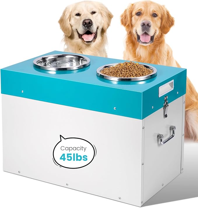 Elevated Dog Bowls with Storage Large Breed 15" H Raised Dog Bowl | 2 In 1 Pet Food Storage Container & Feeder, Galvanized Pet Feeder Feeding Station, Waterproof, Leak-proof, Holds Up To 45 Lbs