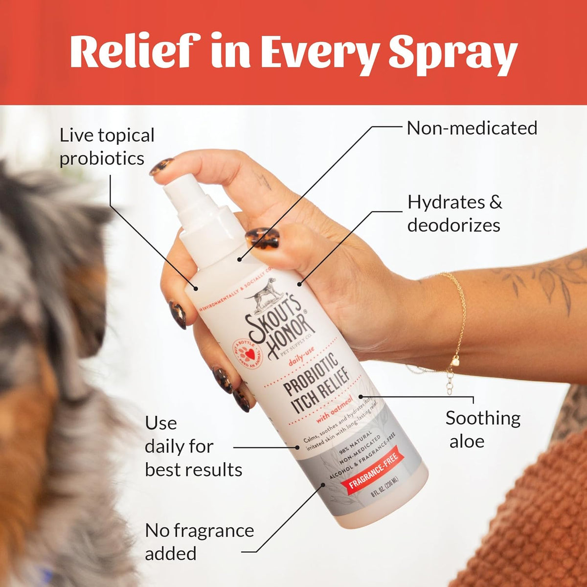 SKOUT'S HONOR Probiotic Itch Relief Spray for Pets - Non-Medicated, Fragrance-Free, Natural, Vegan, Long-Lasting Relief, with Soothing Aloe & Avocado Oil, 8 oz, 2-Pack