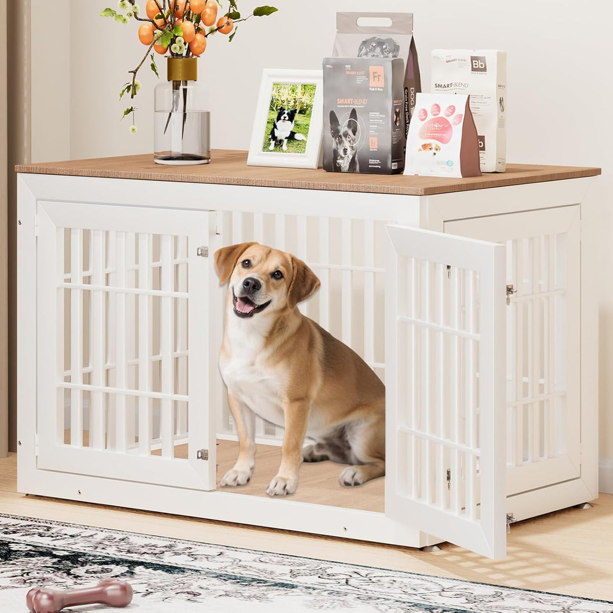 48" Heavy Duty Dog Crate Furniture for Small,Medium and Large Dogs,Rustic Wooden Dog Cage Kennel Indoor Furniture with Waterproof Top,Decorative Pet House Side End Table (White & Wood)