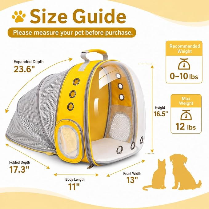 Cat Backpack Carrier Back Expandable Bubble Pet Carrier Backpack for Large Cat, Kitten and Dog, Designed for Hiking, Travelling and Outdoor Use (Back Expandable-Yellow)